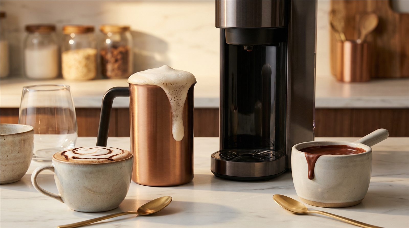 Premium frother, cocoa, and coffee accessories in a warm home kitchen